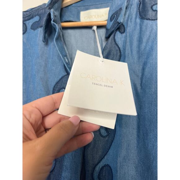NWT Carolina K Pina Embroidered Denim Boxy Fit Short-Sleeve Shirt Blue Size: L - Picture 4 of 8